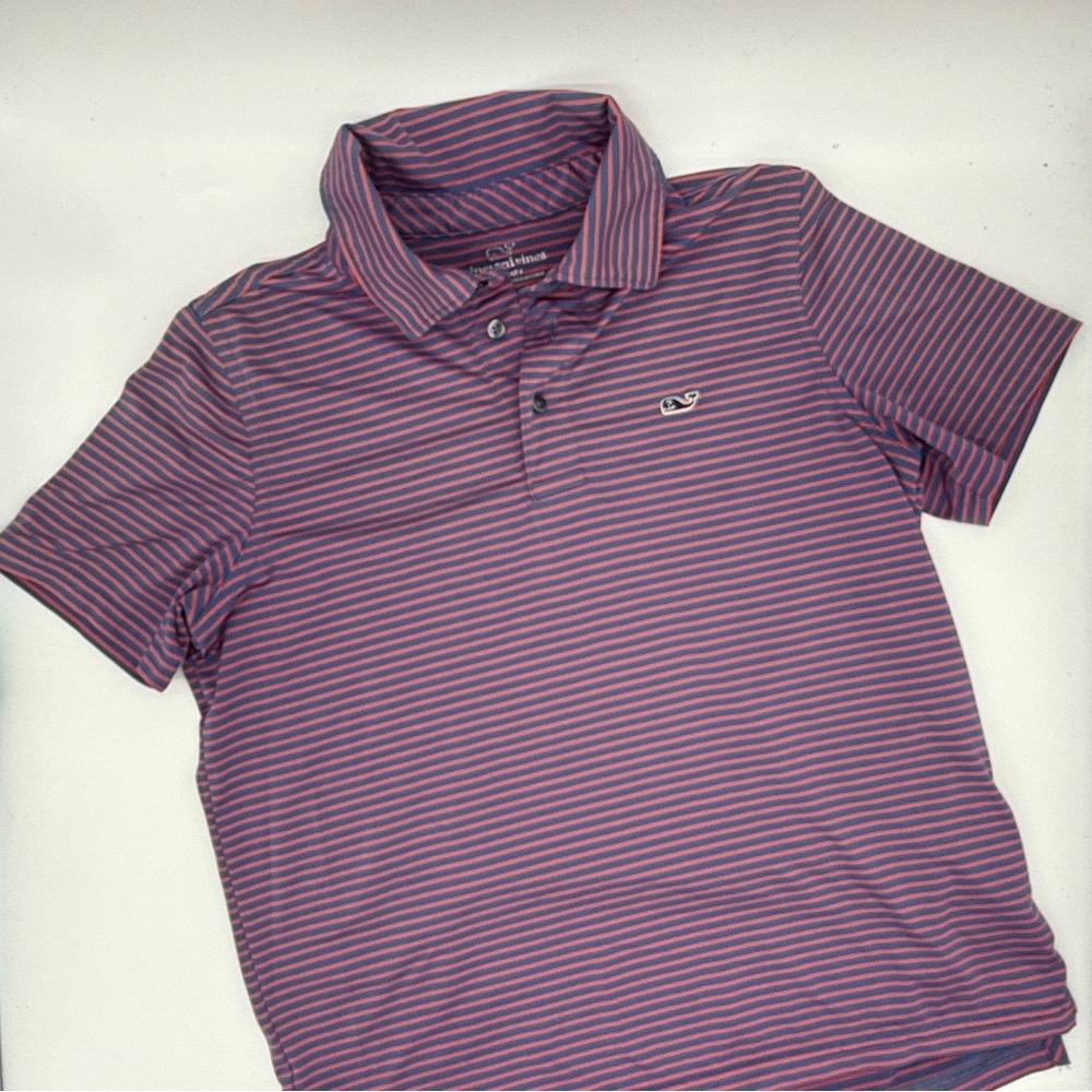 Vineyard Vines Boys Performance Pink and Blue Striped Polo Shirt - size S